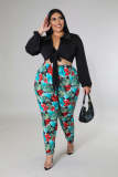 Plus Size Two Piece outfits Green Print Pants and Black Tie Front Top