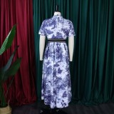 All Over Print Button Short Sleeve A-Line Dress with Belt