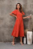 Red V-Neck Short Sleeve Loose Midi Dress