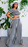 Casual Striped Short Sleeve Crop Top Wide Leg Two Piece Pants Set