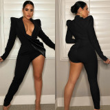 Tight V-Neck Long Sleeve High Low Jumpsuit