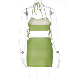 Green Cami Halter Crop Top and Slit Skirt 2PCS Set
