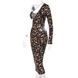 Leopard Print One Shoulder Hollow Out Slim Dress