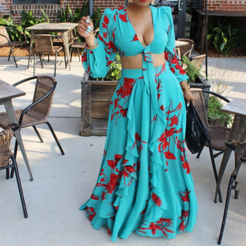 Trendy Sexy Print Tie Front Crop Top & Long Skirt Two Piece Set