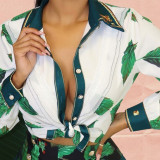 Green Print Long Sleeve Button Blouse and Shorts Casual 2-Piece Set
