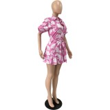 Leaf Print Puff Sleeve Ruffle Button Up Mini Dress