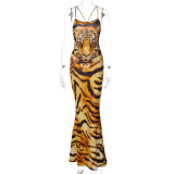 Trendy Tiger Skin Print Back Lace-Up Mermaid Maxi Dress
