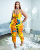 Plus Size Tie Dye Crop Tank Top and Pants Casual Two Piece Set