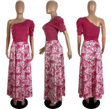 Solid One-shoulder Crop Top & High Waist Print Long Skirt 2PCS Set
