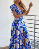 Blue Floral Sexy V-Neck Print Ruffle Long Dress