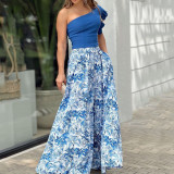 Solid One-shoulder Crop Top & High Waist Print Long Skirt 2PCS Set