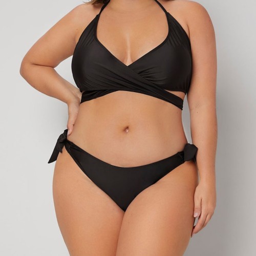 Plus Size Black Halter Neck Wrap Bikini Set