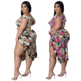 Plus Size Two Pieces Floral Off Shoulder Drawstring Crop Top and Split Ruffle Skirt