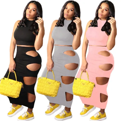 Sleeveless Crop Top and Hollow Out Skirt 2PCS Set