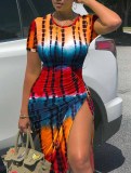 Ladies Printed Short Sleeve Bodycon Drawstring Slit Dress