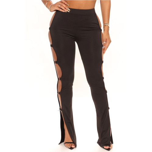 Black Hollow Out  Bell Bottom Pants