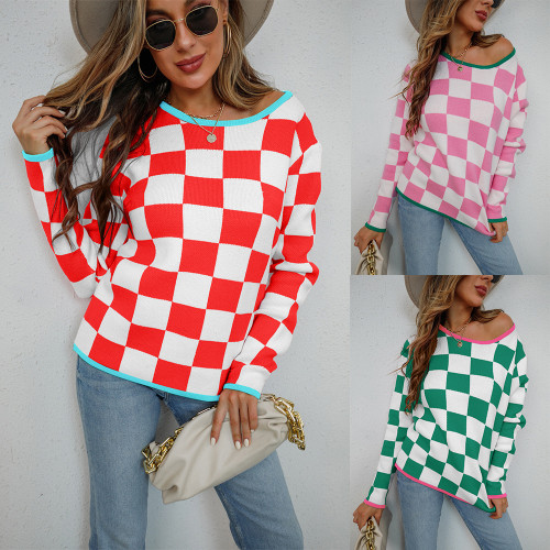 Plus Size Plaid Print Knitted Long Sleeves Pullover Sweater