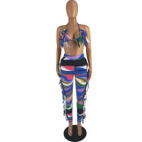 Print Blue Sexy Halter Bra and Pants Fringe Two Piece Set