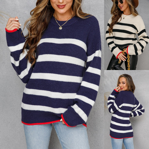 Plus Size Striped Long Sleeves Pullover Sweater