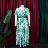 All Over Print Button Short Sleeve A-Line Dress with Belt