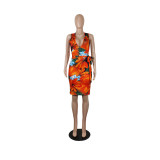 Deep V Sleeveless Print Orange Midi Bodycon Dress