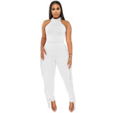 Solid Halter Bodysuit and Fringe Trousers Bodycon Two Piece Set