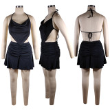 Cami Halter Crop Top and Mini Ruched Skirt 2PCS Set