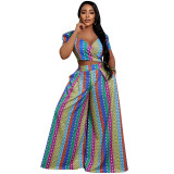 Colorful All Over Print Casual Short Sleeve Wide Leg Two Piece Pants Set
