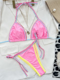 Sexy Contrast Binding Pink Triangle Bikini Set