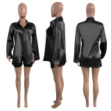 Silk Button Open Long Sleeves Blouse and Drawstring Shorts 2PCS Set