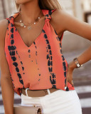 Print Knot Detail Sleeveless V-Neck Casual Top