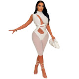 Plain Color Asymmetric Cut Out Ruched Mesh Splicing Rompers