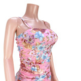Sexy Floral Ruched Cami Slit Slinky Dress