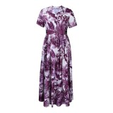 All Over Print Button Short Sleeve A-Line Dress with Belt