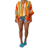 Sexy High Low Colorful Striped Loose Shirt