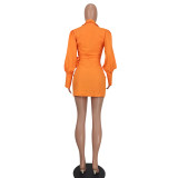 Fashion Orange Bishop Sleeve Wrap Short Dress