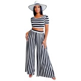 Casual Striped Short Sleeve Crop Top Wide Leg Two Piece Pants Set