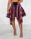 Irregular Plaid Lace-Up High Waisted Skater Skirt