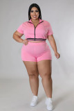 Plus Size Women Casual Sports Contrast Zipper Shorts Tracksuit
