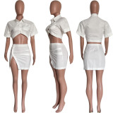Solid Color Turndown Collar Crop Top and Slit Skirt 2PCS Set