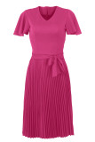 Solid Sexy V-Neck Short-Sleeve Tie Waist Pleated Dress