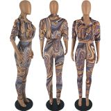 Print Ruched Short Sleeve Shirt and Pants Casual Two Piece Set