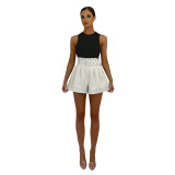 Solid Sleeveless Bodysuit and Wide-Leg Shorts with Belt Two Piece Set