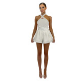 Solid Casual Halter Bodysuit and Wide-Leg Shorts with Belt Two Piece Set
