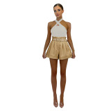 Solid Casual Halter Bodysuit and Wide-Leg Shorts with Belt Two Piece Set