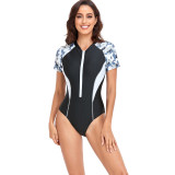 Women Surfwear Short Sleeve Print Splicing Zipper One Piece Swimwear