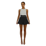 Solid Sleeveless Bodysuit and Wide-Leg Shorts with Belt Two Piece Set