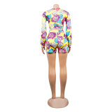 Print Long Sleeve Tie Front Top and Shorts Hot Sale Two Pieces
