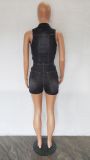 Sexy Slim Fit Washed Sleeveless Black Denim Rompers
