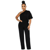 Solid One Shoulder Casual Short Sleeve Wide Leg Jumpsuit